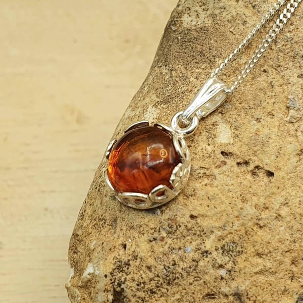 Floral Tiny amber pendant necklace. 925 sterling silver necklaces for women