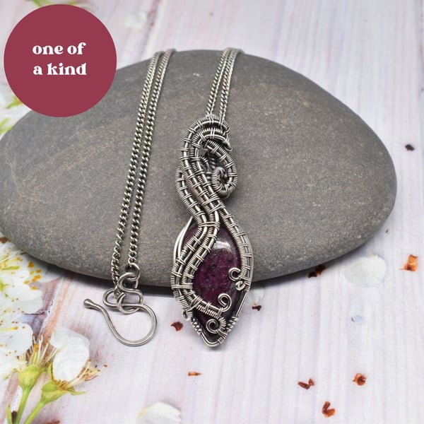 Wire Wrapped Ruby and Silver Necklace