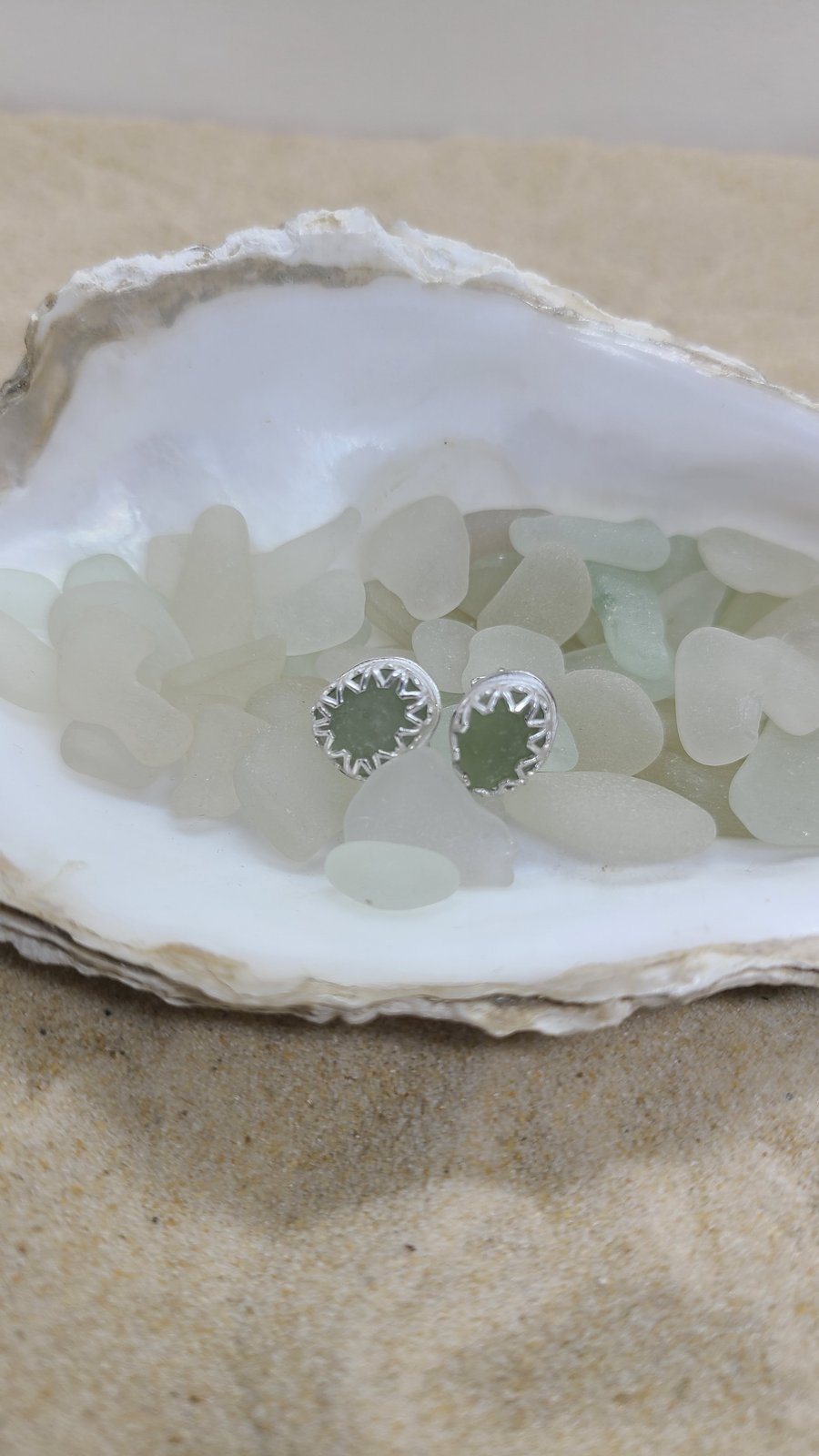 Pale sea foam green sea glass and silver stud earrings