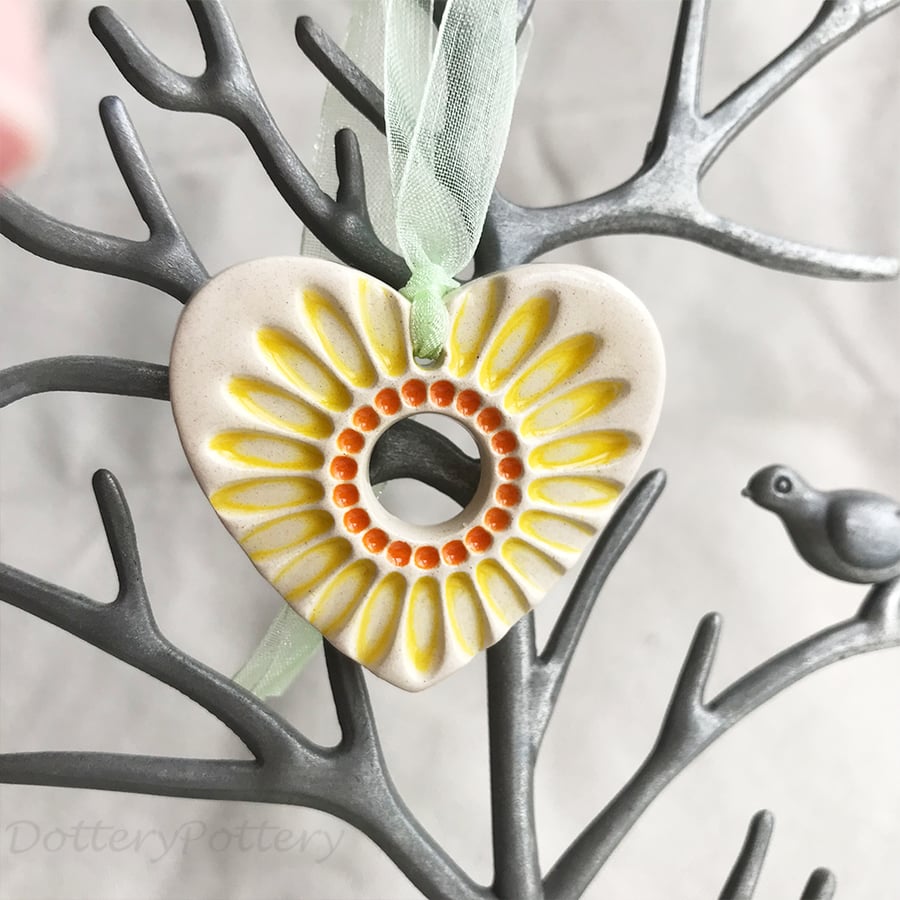 Small Ceramic heart decoration with sunflower