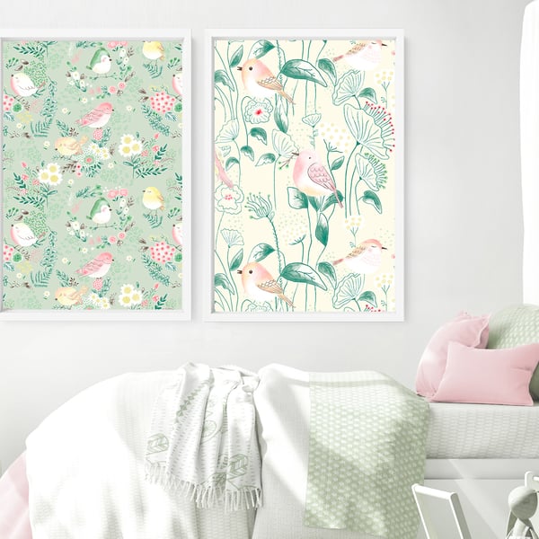 Cottagecore decor nursery bedroom art prints for baby girl, Set of 2 custom name
