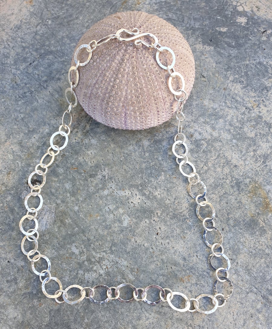 Sterling silver handmade chain with hammered oval links