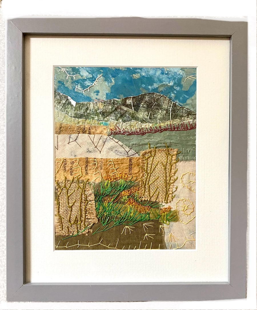 Open Spaces, Lake and Mountain Landscape, hand stitched mixed media 