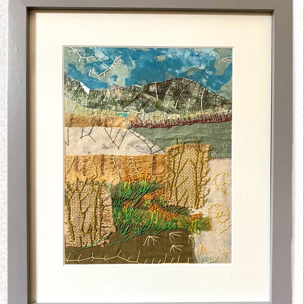 Open Spaces, Lake and Mountain Landscape, hand stitched mixed media 