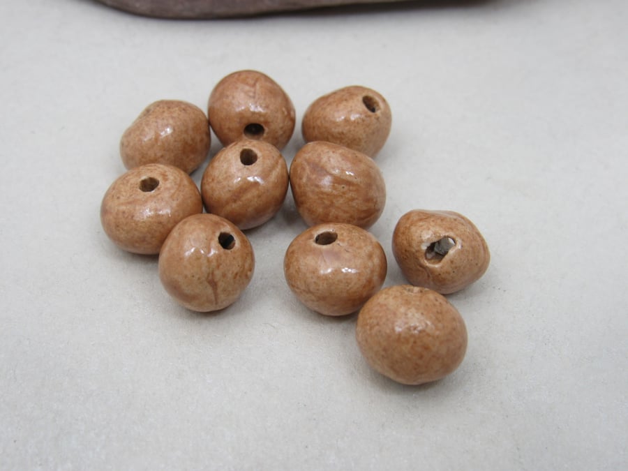 10 Small Sand Brown Glazed Ceramic Beads