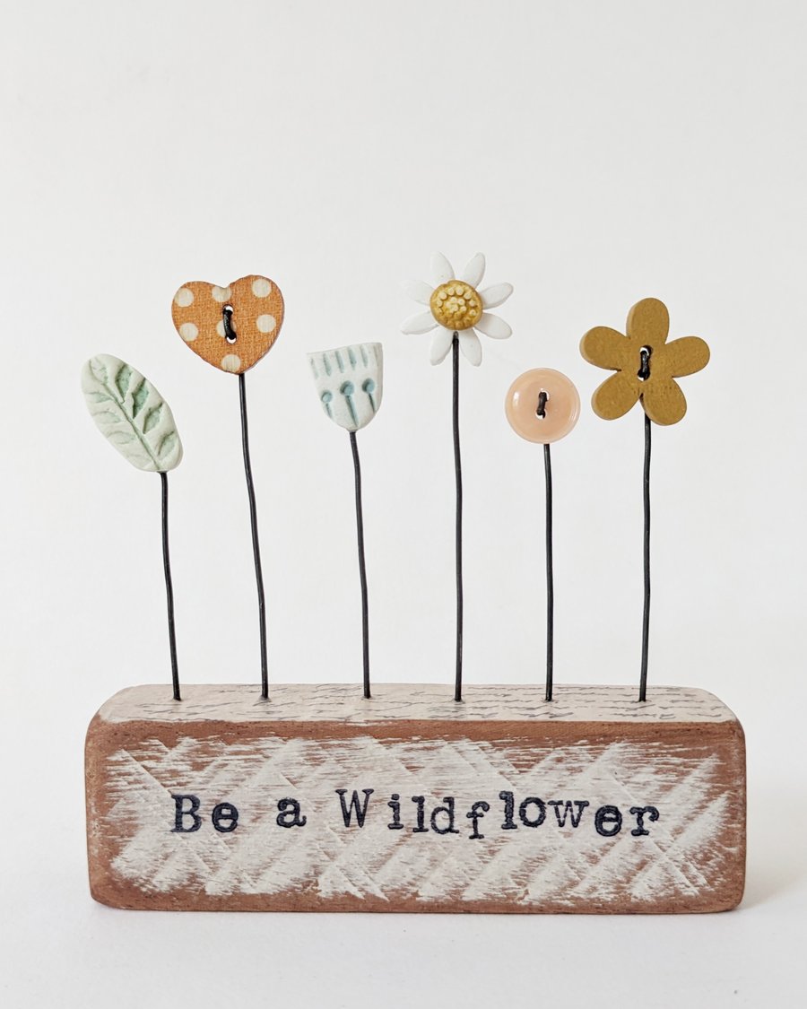Clay and Button Flower Garden in a Floral Wood Block 'Be a Wildflower'