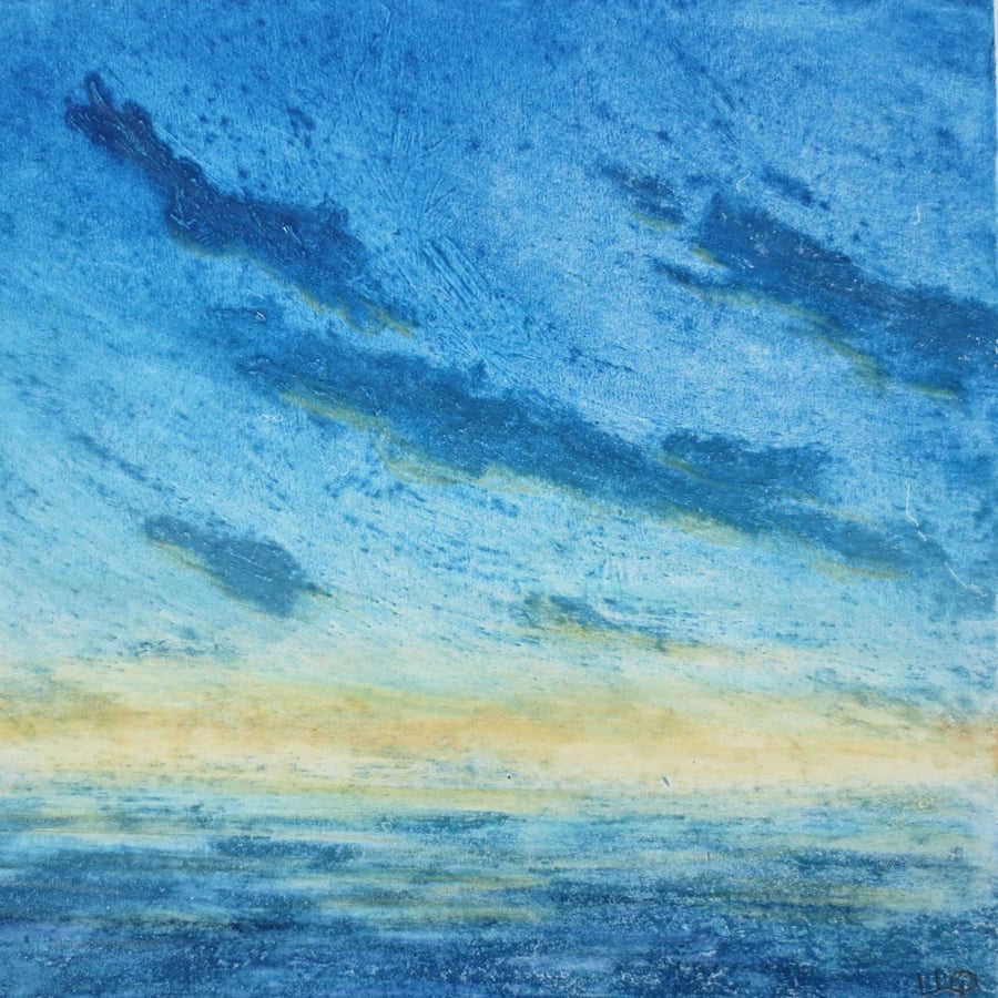 Twilight falls over the sea original collagraph and mixed media coastal art