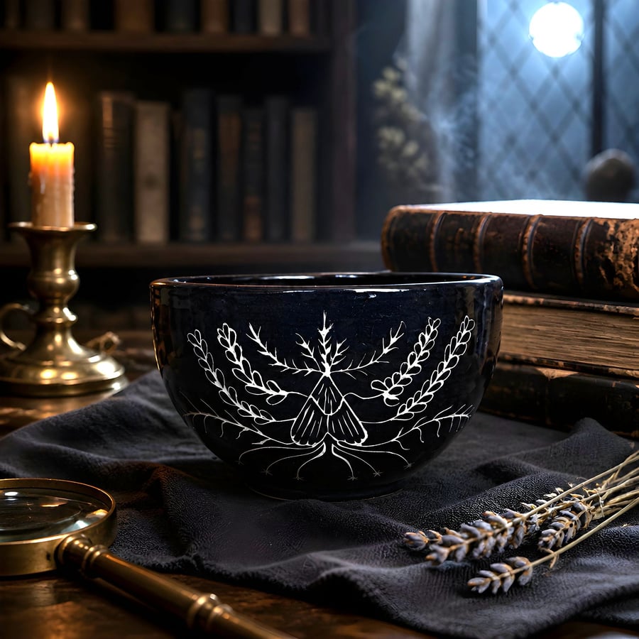 Moth design black bowl by Wychlings Pottery 