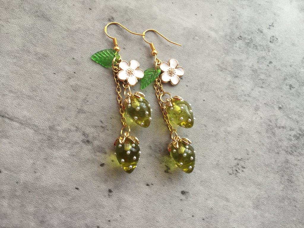Strawbery Earrings, Dangle Food Earrings, Fruit Jewellery, Lime Green