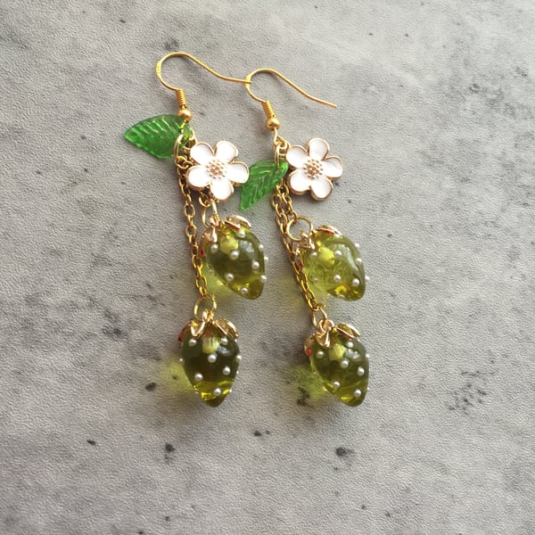 Strawbery Earrings, Dangle Food Earrings, Fruit Jewellery, Lime Green
