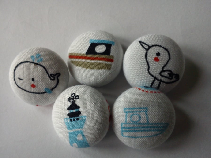 Nautical Mix fabric covered buttons boats anchor duck fish