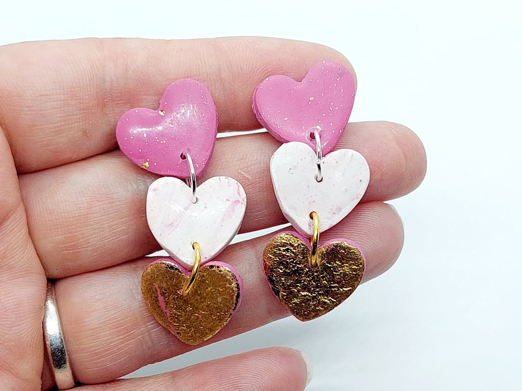 Love Heart pink and white gold polymer clay earring studs