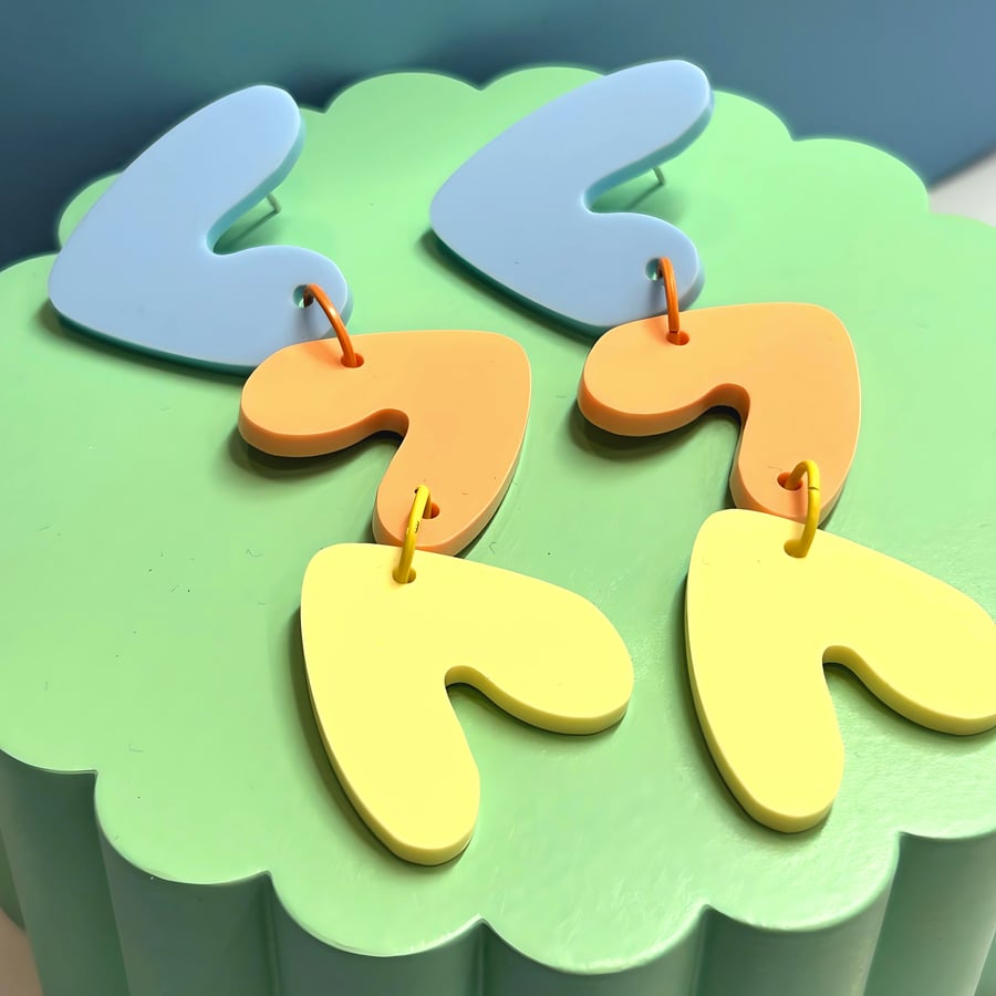 acrylic heart shaped earrings, colour block drop dangly fun heart shaped