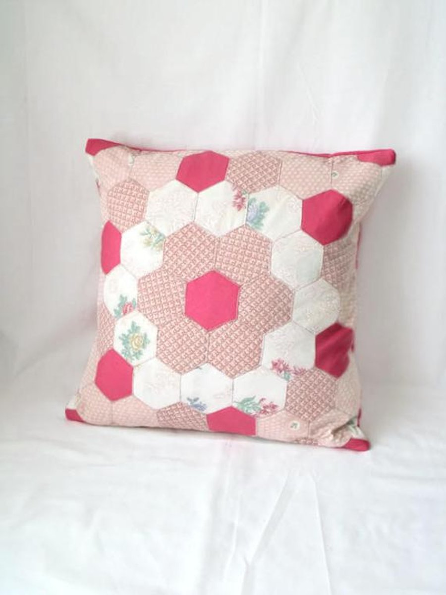 vintage pink cottage chic style hexagon patchwork cushion cover, pillow slip