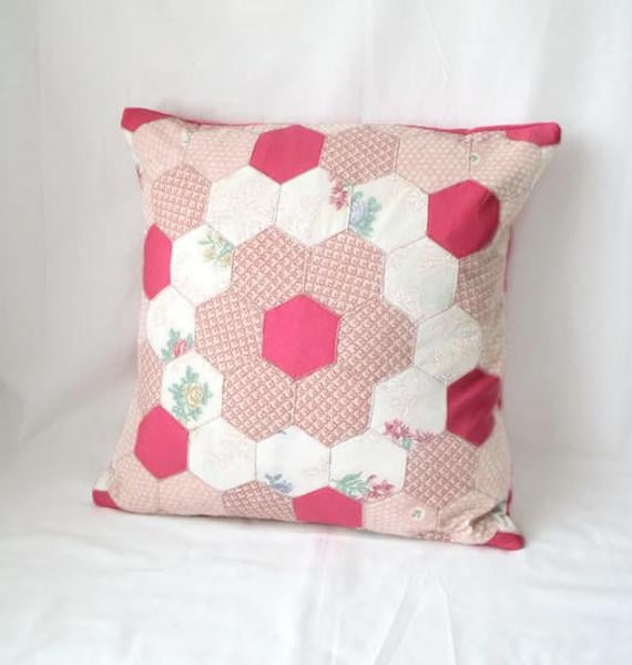 vintage pink cottage chic style hexagon patchwork cushion cover, pillow slip