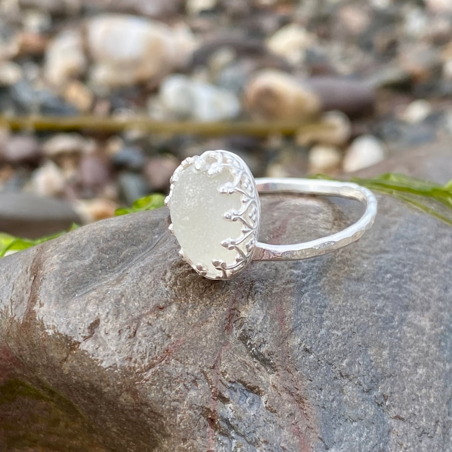 Stunning White Sea Glass and Sterling Silver Ring- Size Q  - 1331