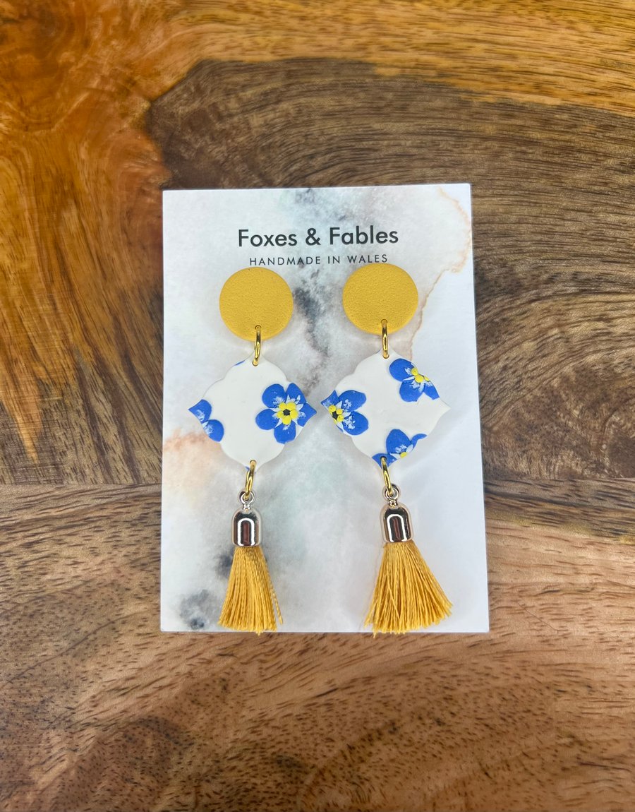 Forget me not Floral Earrings with Yellow Tassels