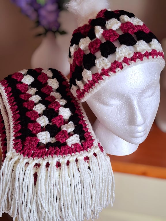 Handmade Crochet Hat and Scarf Set. Granny Stitch Design Fringed