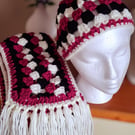 Handmade Crochet Hat and Scarf Set. Granny Stitch Design Fringed