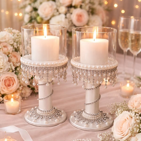 Handmade Pearl Crystal Candle Holders - Wedding Centerpiece Set