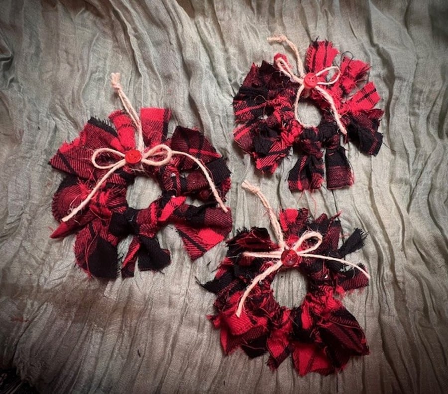 Set of Three Upcycled Red and Black Flannel Rag Wreath Ornaments – Eco-Friendly 