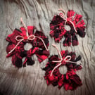 Set of Three Upcycled Red and Black Flannel Rag Wreath Ornaments – Eco-Friendly 