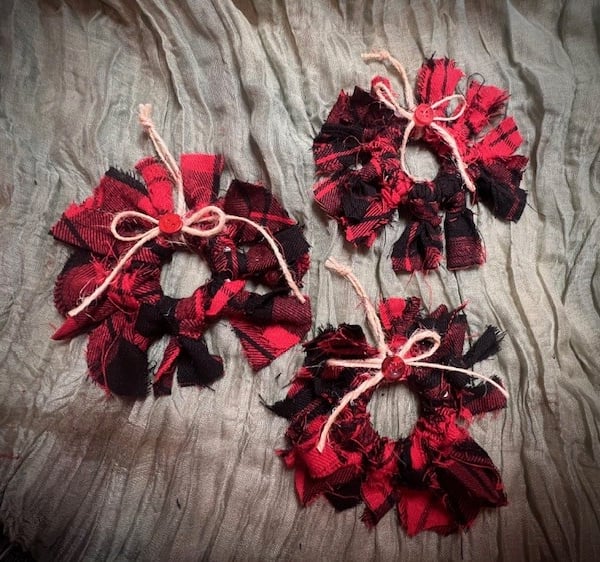 Set of Three Upcycled Red and Black Flannel Rag Wreath Ornaments – Eco-Friendly 