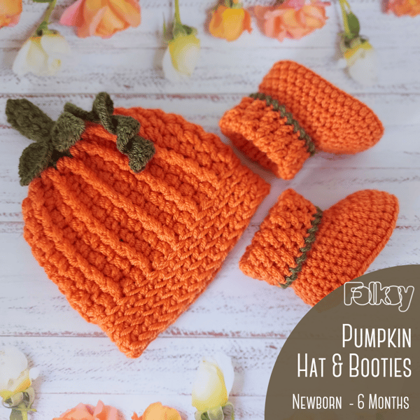 Pumpkin Crochet Beanie Hat & Booties in Sizes Newborn to 6 Months 