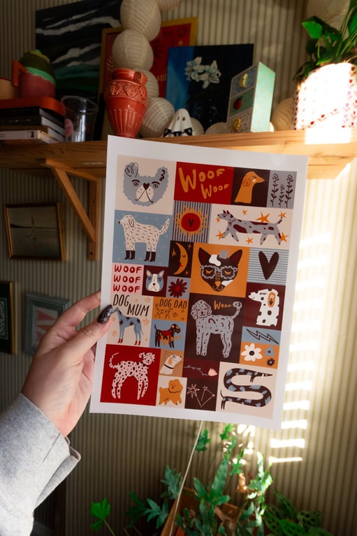 Retro Dog Art Print. Groovy Dog Lover Wall Art. Cute Mid Century Dog Collage.
