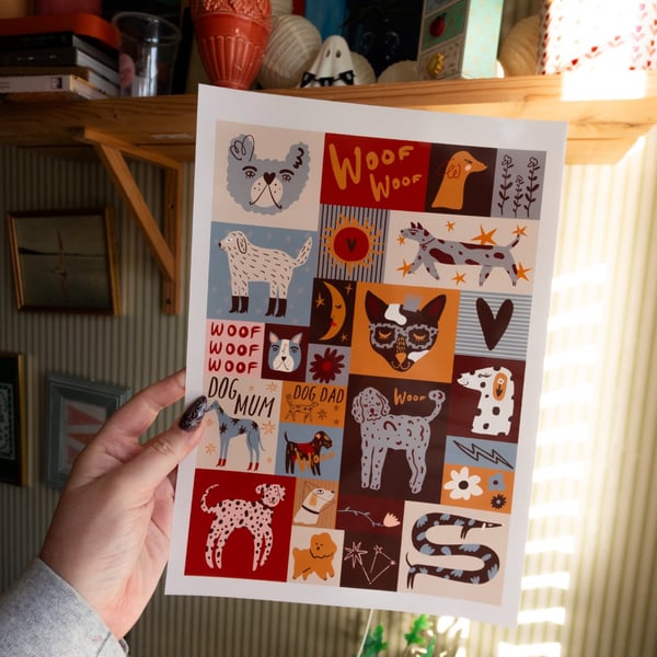 Retro Dog Art Print. Groovy Dog Lover Wall Art. Cute Mid Century Dog Collage.