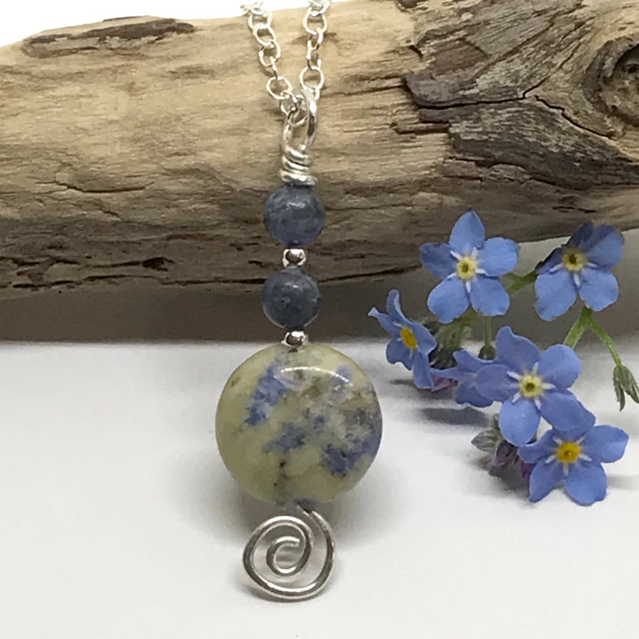 Blue and Cream Gemstone Pendant, Sodalite, Sterling Silver