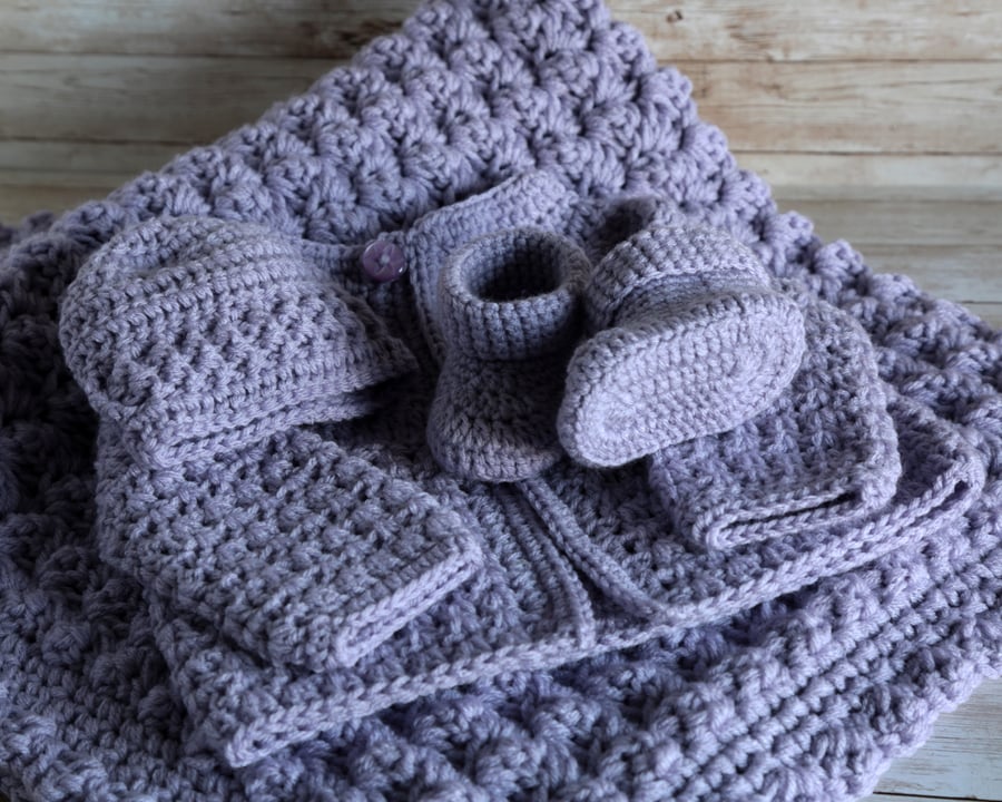 Crochet Lilac Blanket Hat Cardigan and Booties