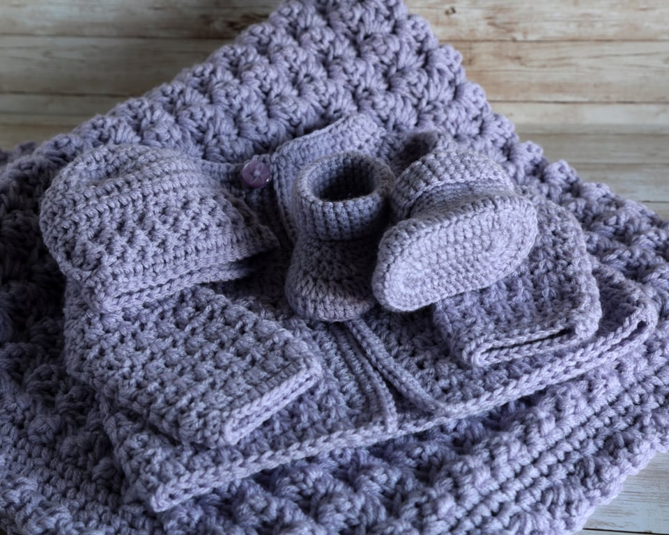 Crochet Lilac Blanket Hat Cardigan and Booties