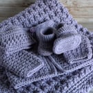 Crochet Lilac Blanket Hat Cardigan and Booties