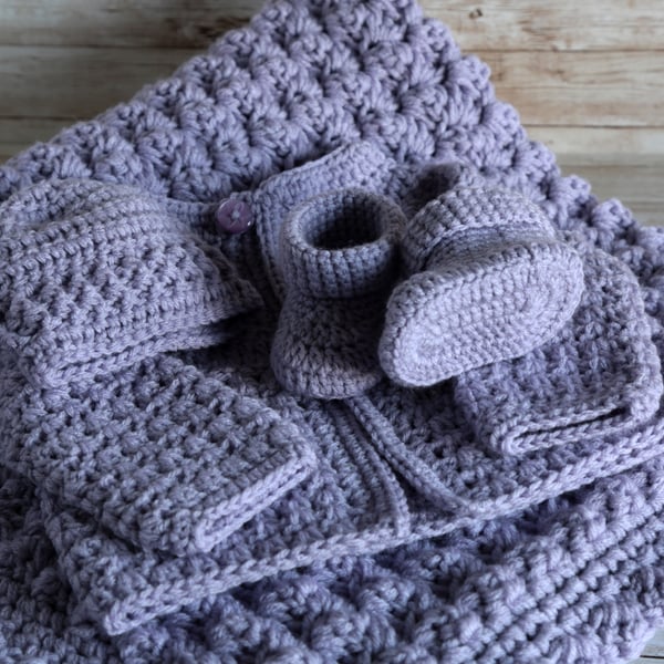 Crochet Lilac Blanket Hat Cardigan and Booties