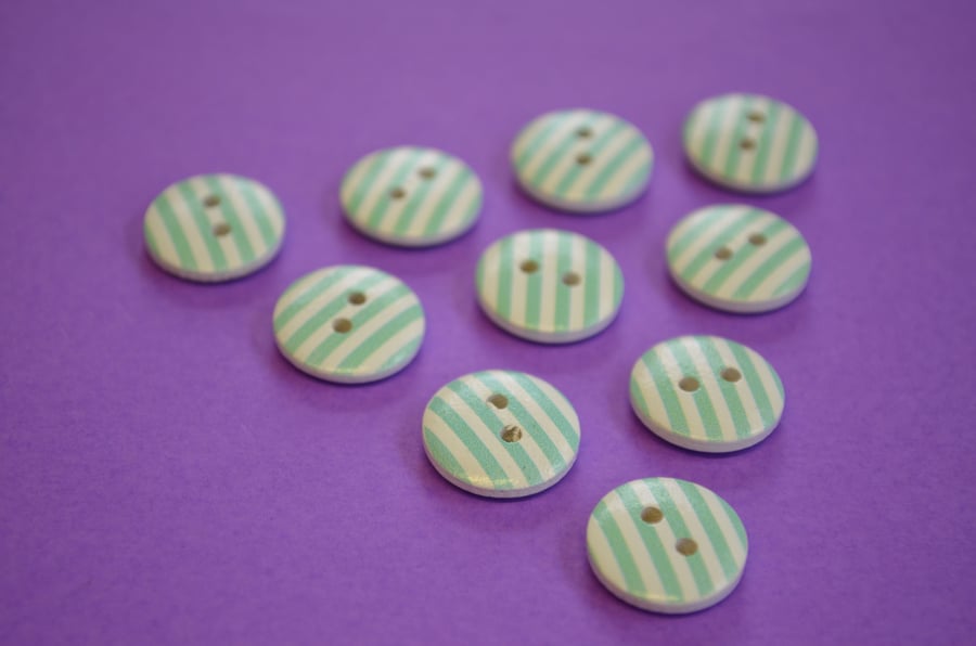 15mm Wooden Striped Buttons Aqua Blue White 10pk Stripe Stripey (SST5)