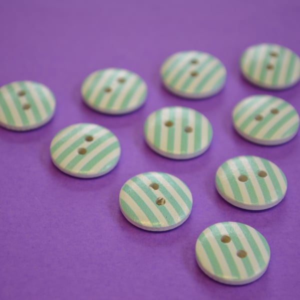 15mm Wooden Striped Buttons Aqua Blue White 10pk Stripe Stripey (SST5)