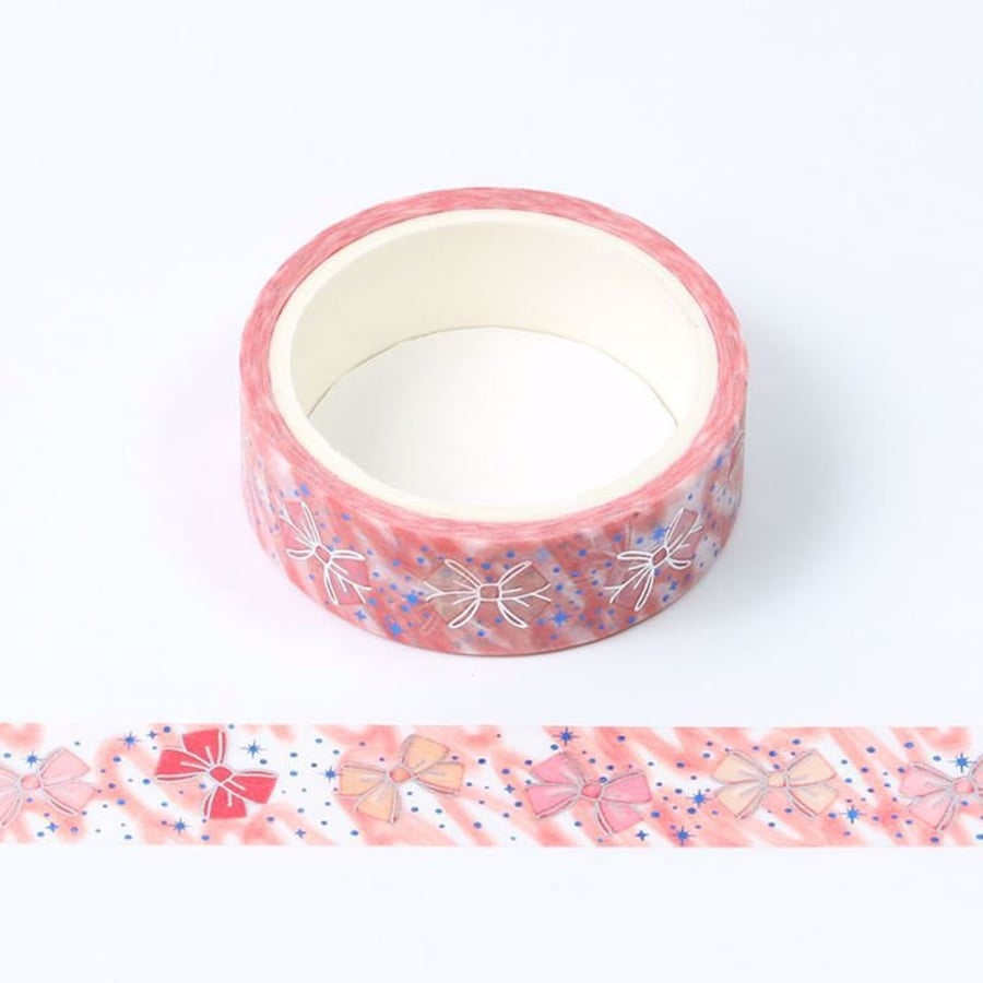 Pink, Blue and Silver Foil Bow Washi Tape 15mm x 5m Bullet Journal