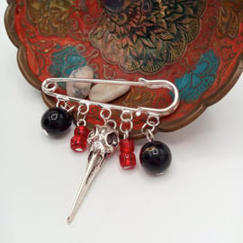 Red and Black Bead Brooch with Silver Bird's Skull, Novelty Brooch