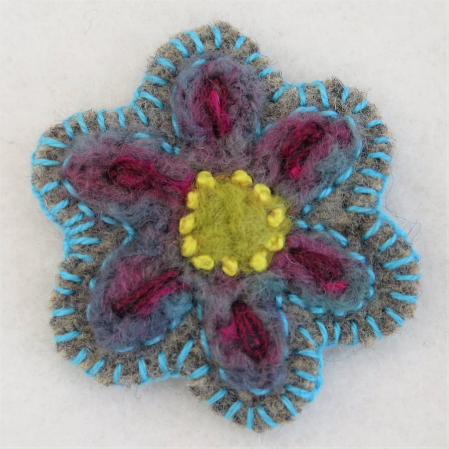 Flower Brooch Embroidered and Felted blue and pink on Brown
