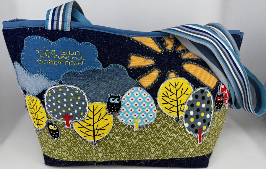 Handmade denim embroidered applique collage tote bag