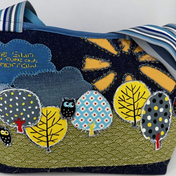 Handmade denim embroidered applique collage tote bag