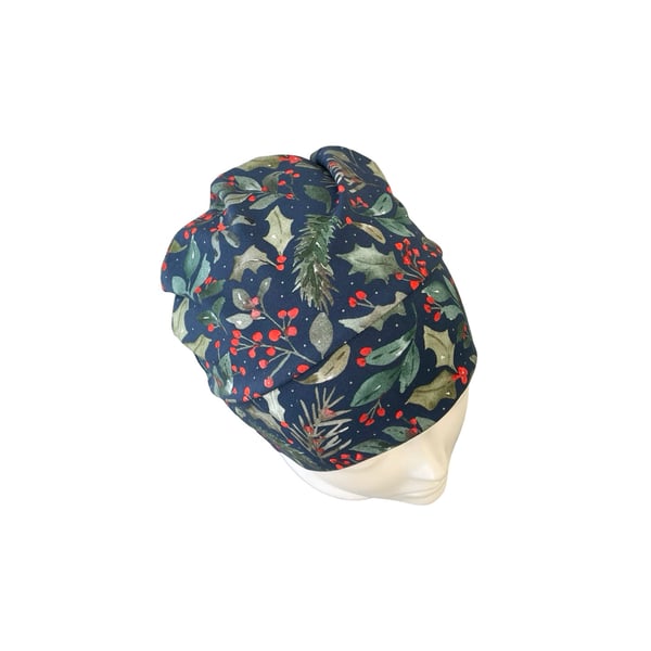 Christmas print beanie hat, Festive navy cotton beanie cap Women hair loss chemo