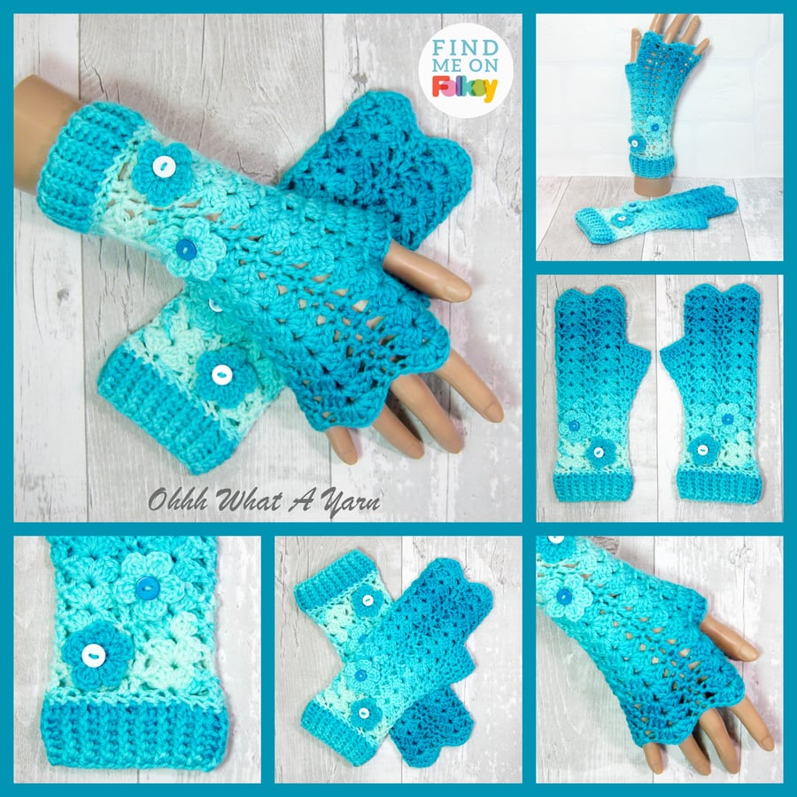 Turquoise ombre ladies lacy crochet gloves, finger less gloves.