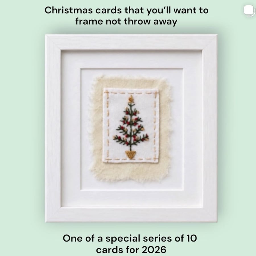 Hand embroidered Christmas card with mini Christmas tree picture. Luxury, unique