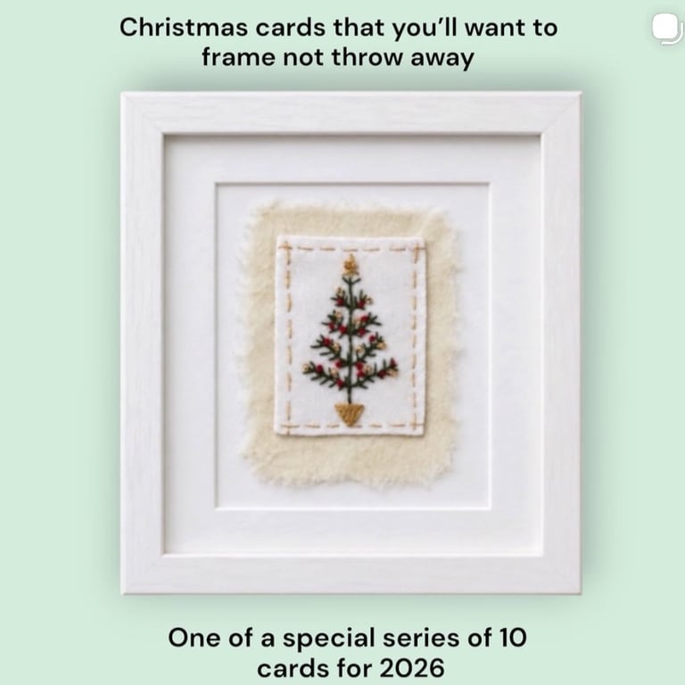 Hand embroidered Christmas card with mini Christmas tree picture. Luxury, unique