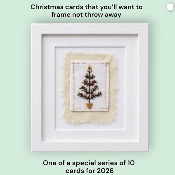 Hand embroidered Christmas card with mini Christmas tree picture. Luxury, unique