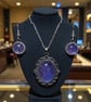 Pendant & earrings set, purple felt with silk fibres under glass cabochon