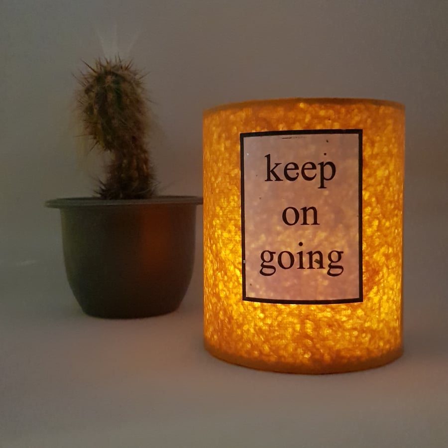 "Keep on Going" lantern with LED candle (yellow)