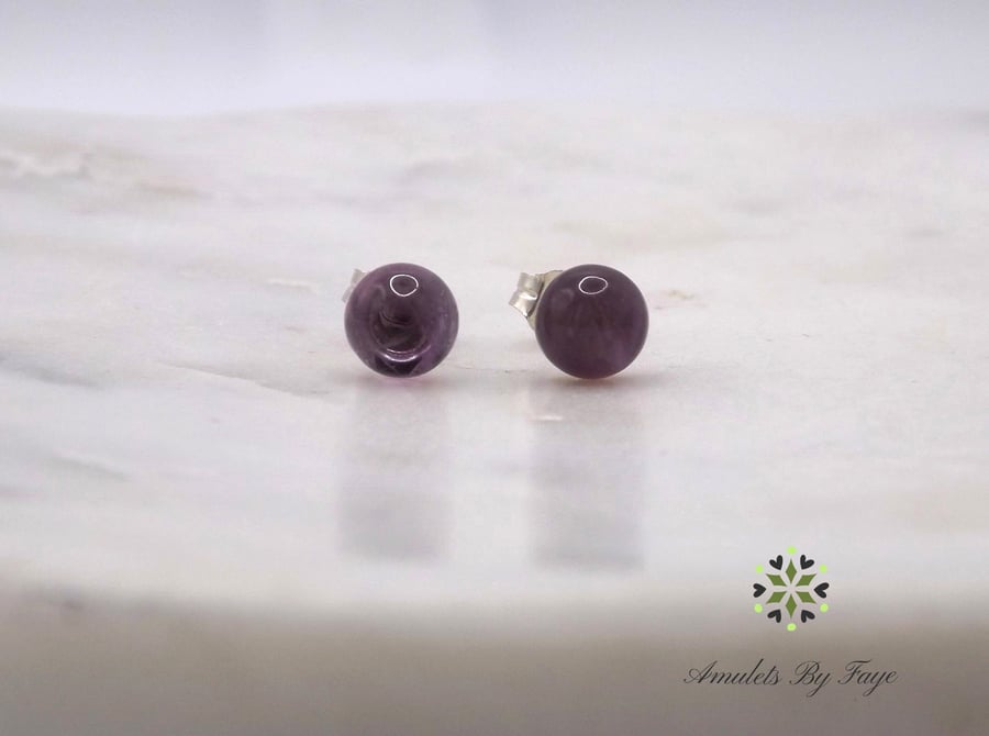 Amethyst Round Cabochon 6mm Gemstone Sterling Silver Stud Earrings.